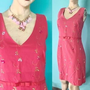 Vtg Y2K Hot Pink Embroidered Barbiecore Short Sleeveless Summer Sheath Dress 7/8